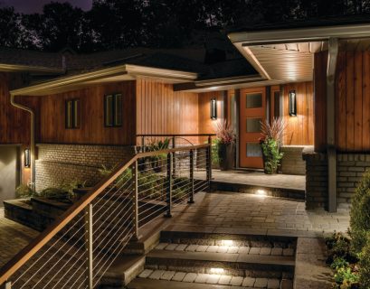 Lit pathway to front door.