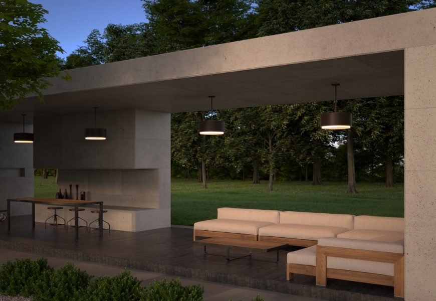 Tech Lighting Roton Outdoor Pendants in an outdoor patio