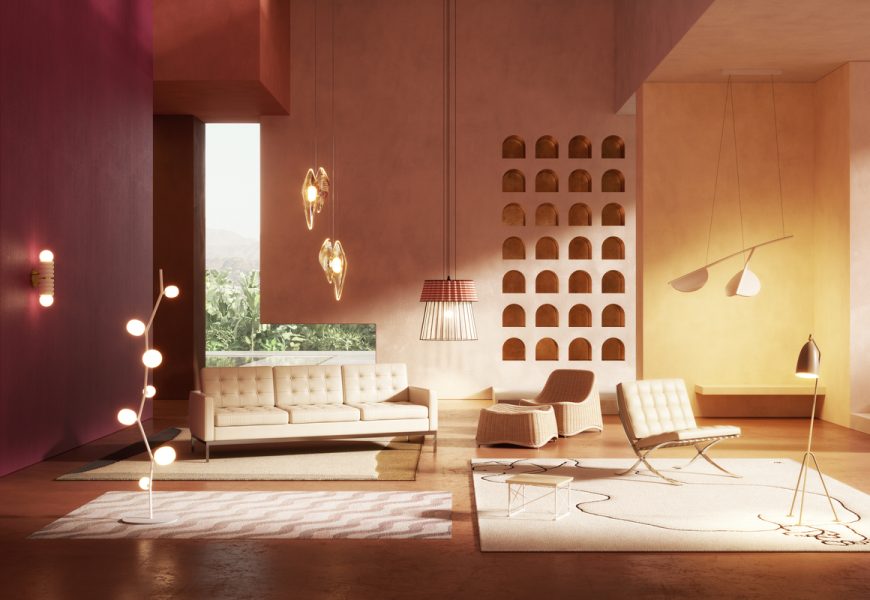 Lighting and furniture in a wide-open pink room.