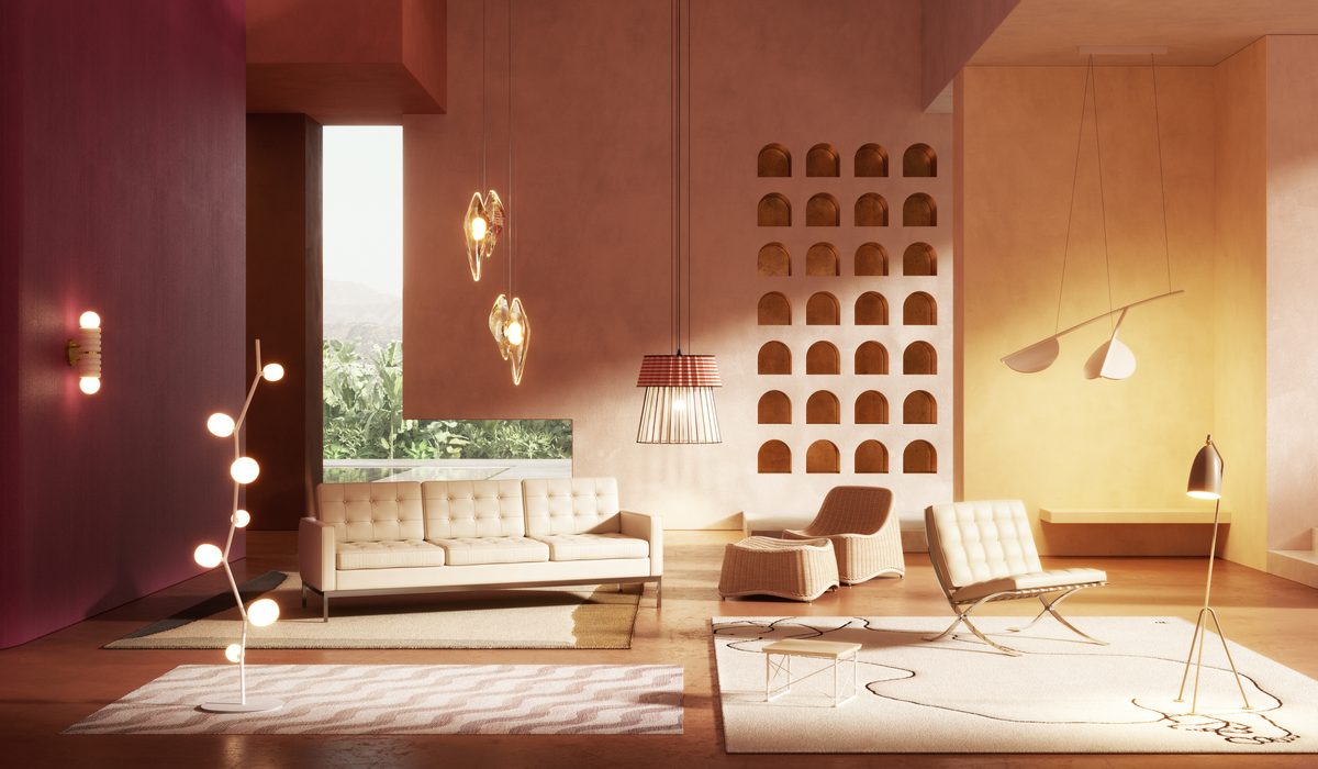 Lighting and furniture in a wide-open pink room.